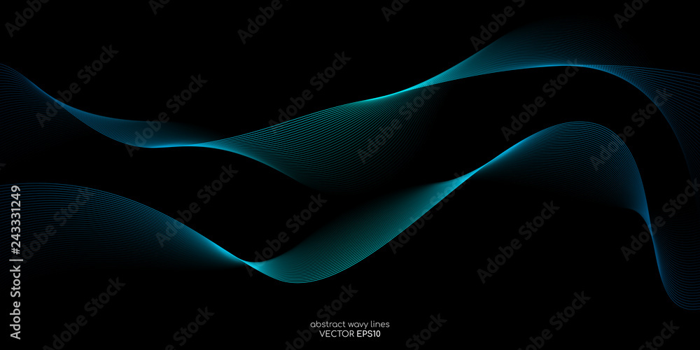 Poster Abstract vector wave line flowing green and blue color isolated on black background for design elements in concept technology, music, science, A.I.
