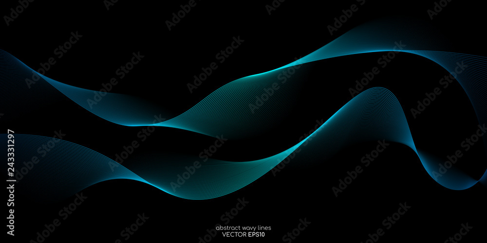 Poster Abstract vector wave line flowing green and blue color isolated on black background for design elements in concept technology, music, science, A.I.