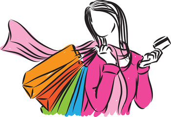 SHOPPING WOMAN CREDIT CARD VECTOR ILLUSTRATION