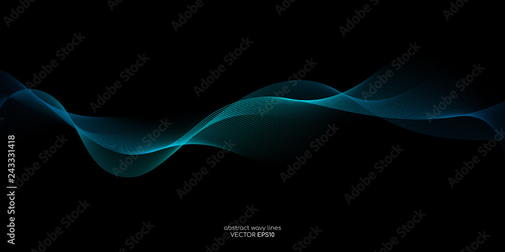 Poster abstract vector wave line flowing green and blue color isolated on black background for design eleme