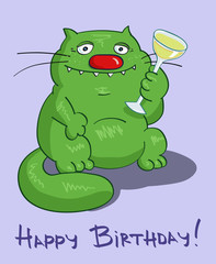Birthday greeting card. Cat character holding a glass of wine