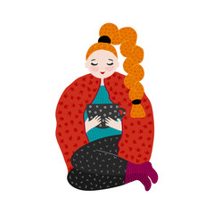 Girl in warm clothes spending autumn or winter weekend at home - drink tea. Hand drawn cute cartoon character. Freehand style. Relaxation and comfort. Card, cover, print on clothes. Vector, eps10