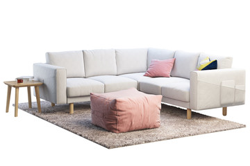 White fabric sofa with beige rug and wooden coffee table. 3d render