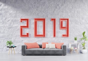 Modern living room with sofa and 2019 new year education concept,3d rendering