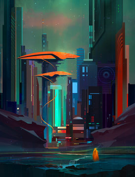 drawn fantastic cyberpunk landscape with skyscrapers and traveler