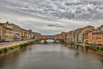 Fototapeta na wymiar Florence or Firenze city view on Arno river, landscape with reflection. Tuscany, Italy.