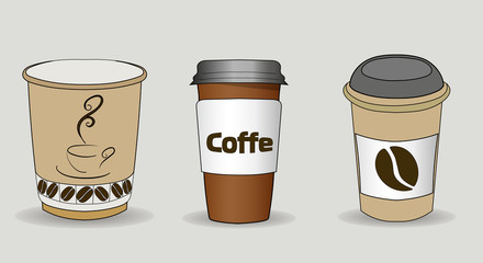 Set of vector illustration of coffee cups with cardboard sleeve. Full cup of coffee, latte, espresso, or cappuccino with foam on top.