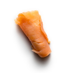 rolled slice of salmon isolated on white, with shadow 
