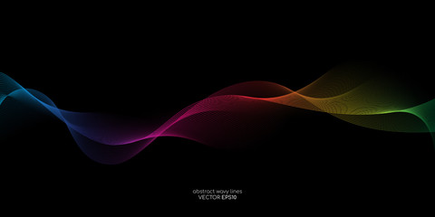 Abstract vector colorful wave line flowing isolated on black background for design elements in concept technology, music, science, A.I.