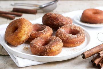 Homemade donuts with sugar and cinnamon on a wooden background. Rustic style.