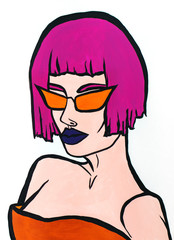 Acrylic portrait of stylish woman with pink hair and orange glasses. Colorful illustration on white background