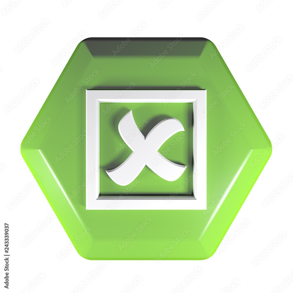 Poster crossed box green hexagonal push button - 3d rendering illustration