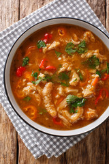 Dietary Polish meal flaczki with vegetables in tomato sauce close-up in a bowl. Vertical top view