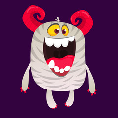 Funny horned monster laughing with opened mouth. Halloween vector illustration