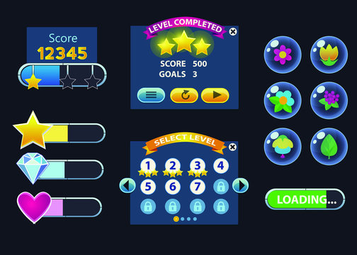 Cartoon game user interface, vector assets for mobile games UI design.