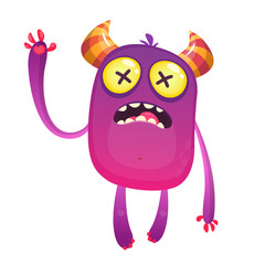 Scared cartoon pink monster waving. Vector cute monster mascot illustration for Halloween
