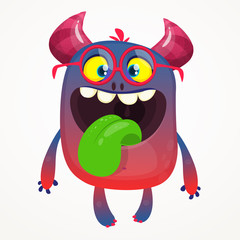 Cartoon monster wearing glasses and showing tongue. Vector troll or goblin or alien illustration isolated