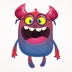 Cartoon monster wearing glasses and showing tongue. Vector troll or goblin or alien illustration isolated
