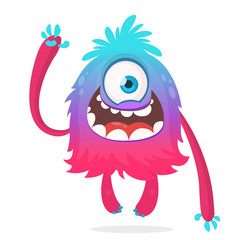 Cute cartoon monster with one eye. Smiling monster emotion with big mouth. Halloween vector illustration of cyclops