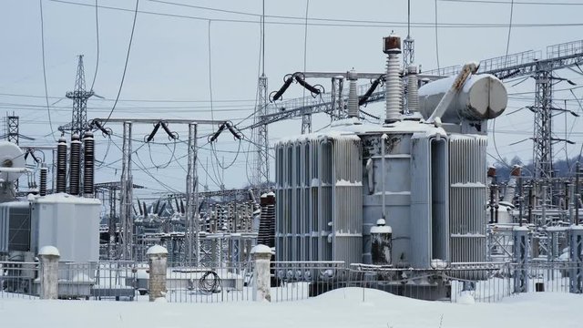 Power station, high-voltage wires In the snow