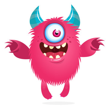 Cute cartoon monster  with horns and with one eye. Smiling monster emotion with big mouth. Halloween vector illustration