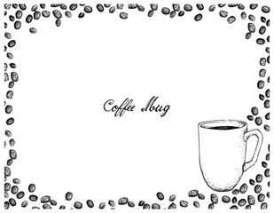 Illustration Hand Drawn Sketch of Coffee Mug with Roasted Coffee Beans Isolated on White Background.