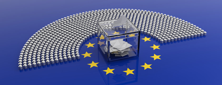 European Union parliament seats and a voting box on EU flag background. 3d illustration