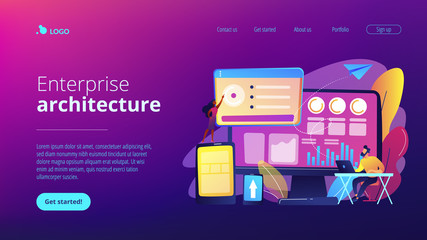 IT managers integrate technologies into business operations. Enterprise IT management, IT software solutions, enterprise architecture concept. Website vibrant violet landing web page template.