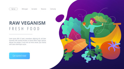 A white woman among fruits and vegetables. Raw veganism and fresh food landing page. Raw foodism, fruitarianism, juicearianism and sproutarianism. Vector illustration on ultraviolet background.