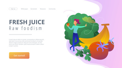 White woman among fruits, vegetables and mushrooms. Fresh juice, raw foodism landing page. Veganism, fruitarianism, juicearianism and sproutarianism, violet palette. Vector illustration on background.