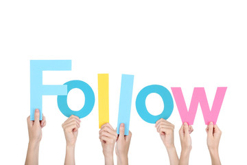 Hands holding the word Follow on white background