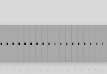 3d rendering. gray metal Lockers row on light wall background.