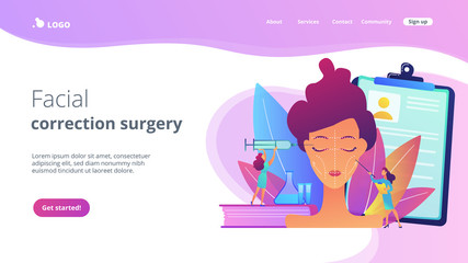 Surgeons with syringe doing facial contouring surgery to woman. Facial contouring, medical face sculpting, facial correction surgery concept. Website vibrant violet landing web page template.