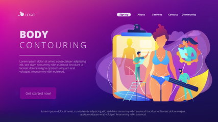 Plastic surgeons doing pencil marks and preparing body contouring of woman. Body contouring, body correction surgery, body plastic service concept. Website vibrant violet landing web page template.
