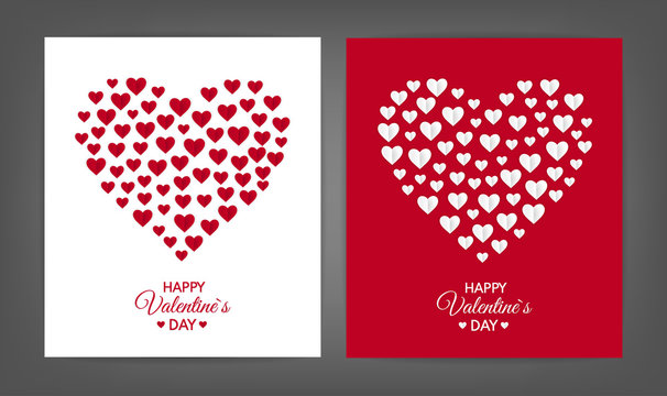 Happy Valentines Day cards set. Cut paper red valentine hearts composition. Heart shape frame. Red and white. Vector illustration