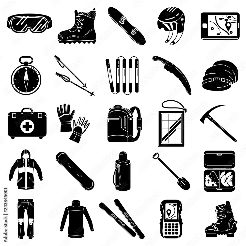 Poster snowboarding equipment icons set. simple set of snowboarding equipment vector icons for web design o