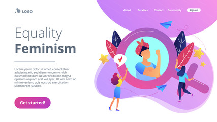 A woman image in female gender sign showing biceps as a concept of feminism, girl power, movement, female equality, equal social and civil rights. Violet palette. Website landing web page template.
