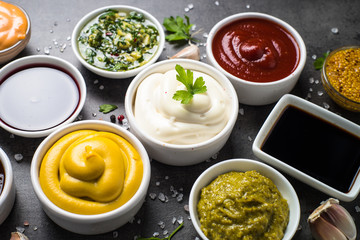 Sauce set assortment - mayonnaise, mustard, ketchup and others t