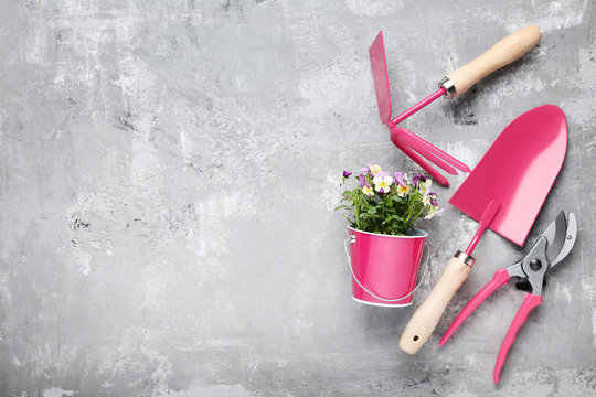 Garden tools with flowers in bucket on grey wooden table