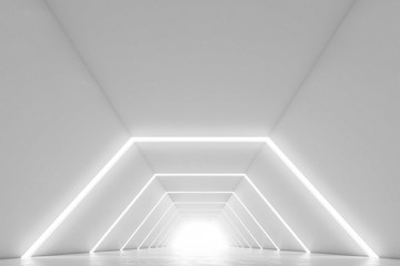 Illuminated corridor interior design. Abstract Futuristic tunnel with light background. 3D rendering.
