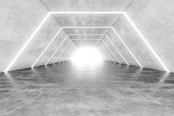 Futuristic tunnel with light. Abstract corridor interior design. 3D rendering.