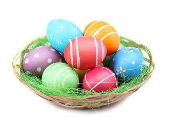 Easter eggs in basket isolated on white background