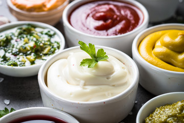 Sauce set assortment - mayonnaise, mustard, ketchup and others.