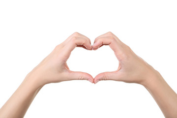 Female hands showing heart on white background