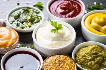 Sauce set assortment - mayonnaise, mustard, ketchup and others.