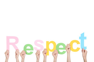 Hands holding the word Respect on white background