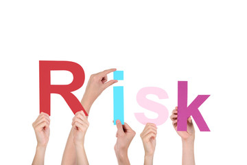 Hands holding the word Risk on white background