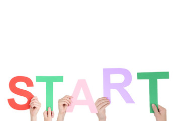 Hands holding the word Start on white background