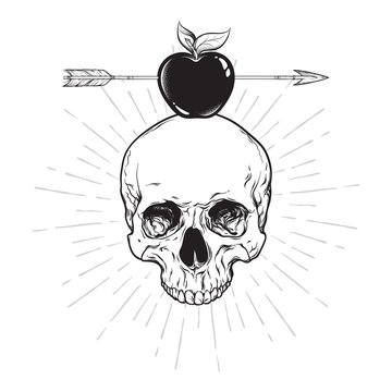 Human skull and apple pierced with arrow line art and dot work. Boho sticker, print or blackwork flash tattoo art design hand drawn vector illustration.