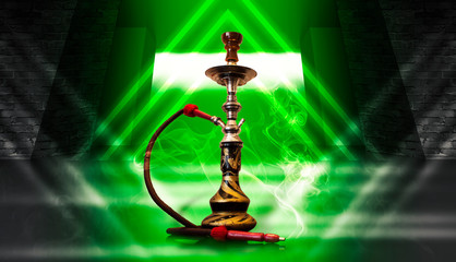 Hookah smoking on a futuristic background with neon rays, smoke, spotlight. Background trend color...